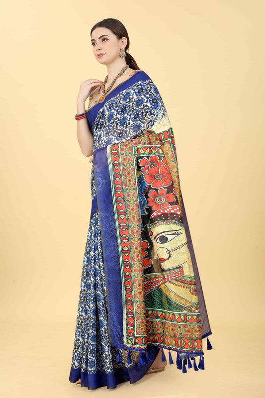 Blue Cotton Blend Printed Kalamkari Saree with Unstitched Blouse - Hiral Fashion