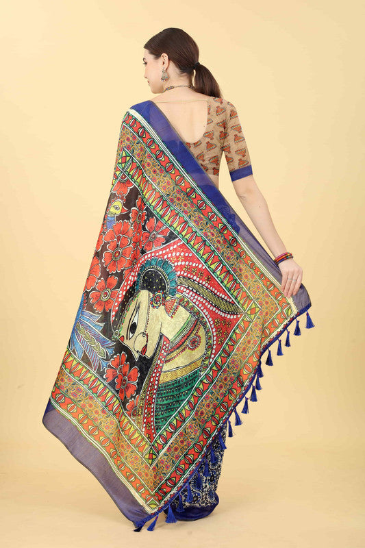 Blue Cotton Blend Printed Kalamkari Saree with Unstitched Blouse - Hiral Fashion