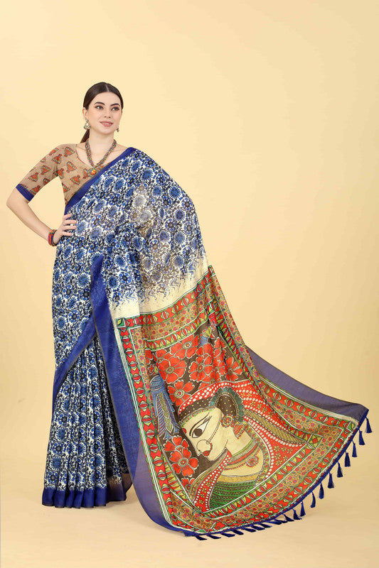 Blue Cotton Blend Printed Kalamkari Saree with Unstitched Blouse - Hiral Fashion
