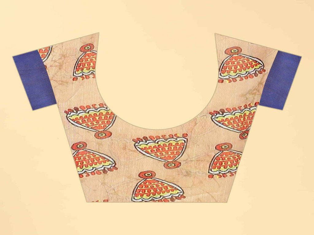 Blue Cotton Blend Printed Kalamkari Saree with Unstitched Blouse - Hiral Fashion