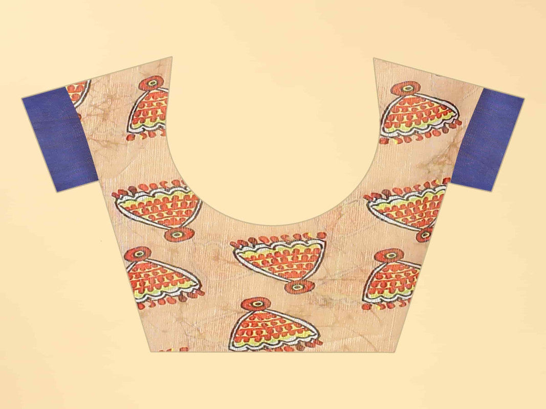 Blue Cotton Blend Printed Kalamkari Saree with Unstitched Blouse - Hiral Fashion