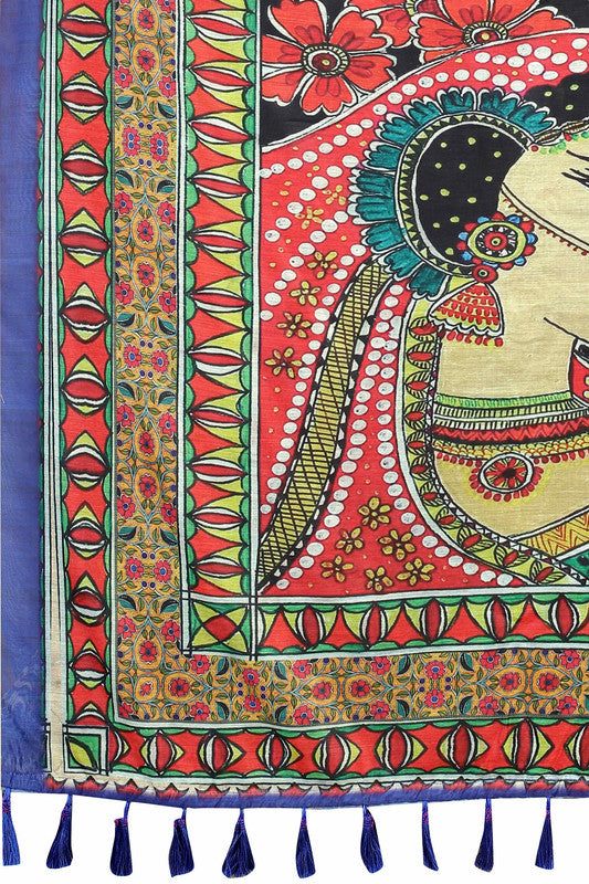 Blue Cotton Blend Printed Kalamkari Saree with Unstitched Blouse - Hiral Fashion