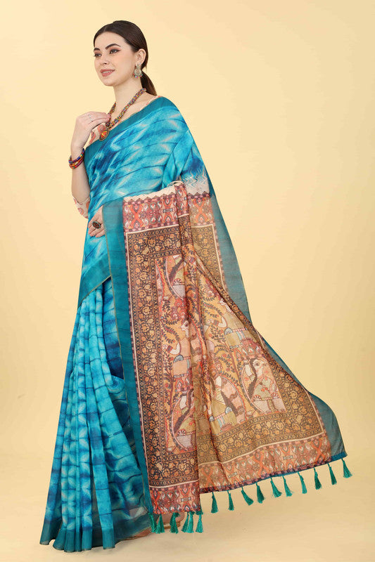 Blue Cotton Blend Printed Kalamkari Saree with Unstitched Blouse - Hiral Fashion