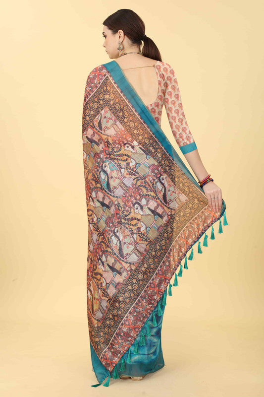 Blue Cotton Blend Printed Kalamkari Saree with Unstitched Blouse - Hiral Fashion