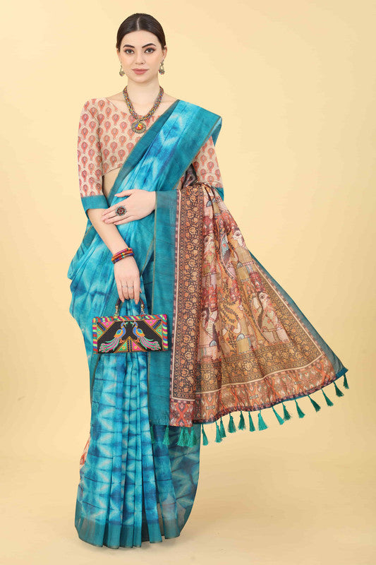 Blue Cotton Blend Printed Kalamkari Saree with Unstitched Blouse - Hiral Fashion