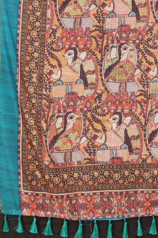 Blue Cotton Blend Printed Kalamkari Saree with Unstitched Blouse - Hiral Fashion