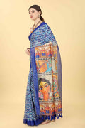 Blue Cotton Blend Printed Kalamkari Saree with Unstitched Blouse - Hiral Fashion