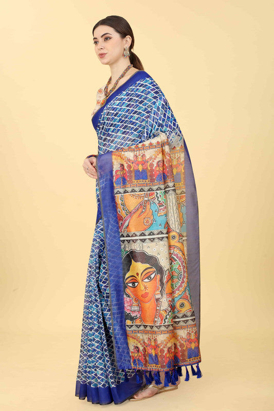 Blue Cotton Blend Printed Kalamkari Saree with Unstitched Blouse - Hiral Fashion
