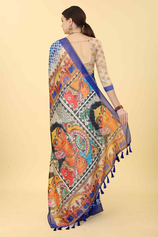 Blue Cotton Blend Printed Kalamkari Saree with Unstitched Blouse - Hiral Fashion