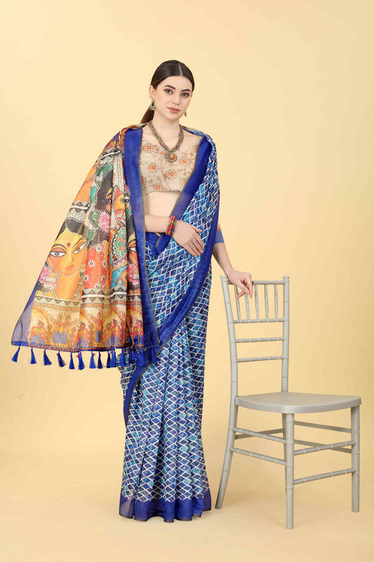 Blue Cotton Blend Printed Kalamkari Saree with Unstitched Blouse - Hiral Fashion