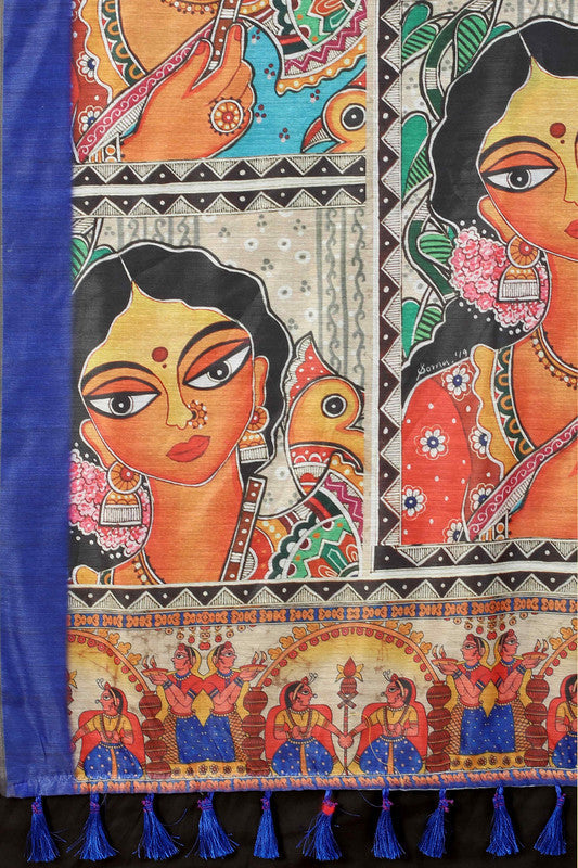 Blue Cotton Blend Printed Kalamkari Saree with Unstitched Blouse - Hiral Fashion