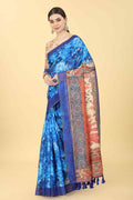 Blue Cotton Blend Printed Kalamkari Saree with Unstitched Blouse - Hiral Fashion