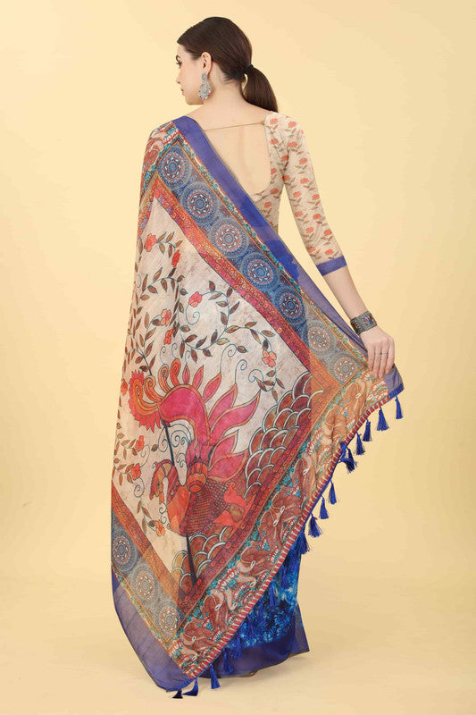 Blue Cotton Blend Printed Kalamkari Saree with Unstitched Blouse - Hiral Fashion