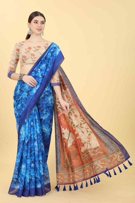 Blue Cotton Blend Printed Kalamkari Saree with Unstitched Blouse - Hiral Fashion