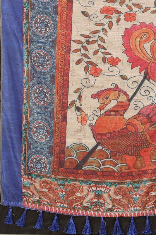Blue Cotton Blend Printed Kalamkari Saree with Unstitched Blouse - Hiral Fashion