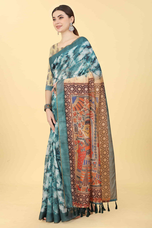 Blue Cotton Blend Printed Kalamkari Saree with Unstitched Blouse - Hiral Fashion