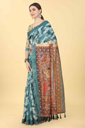 Blue Cotton Blend Printed Kalamkari Saree with Unstitched Blouse - Hiral Fashion