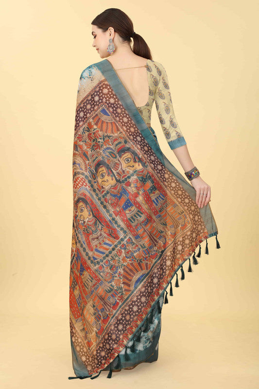 Blue Cotton Blend Printed Kalamkari Saree with Unstitched Blouse - Hiral Fashion