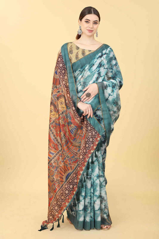 Blue Cotton Blend Printed Kalamkari Saree with Unstitched Blouse - Hiral Fashion