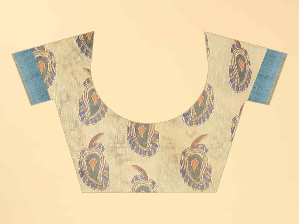Blue Cotton Blend Printed Kalamkari Saree with Unstitched Blouse - Hiral Fashion