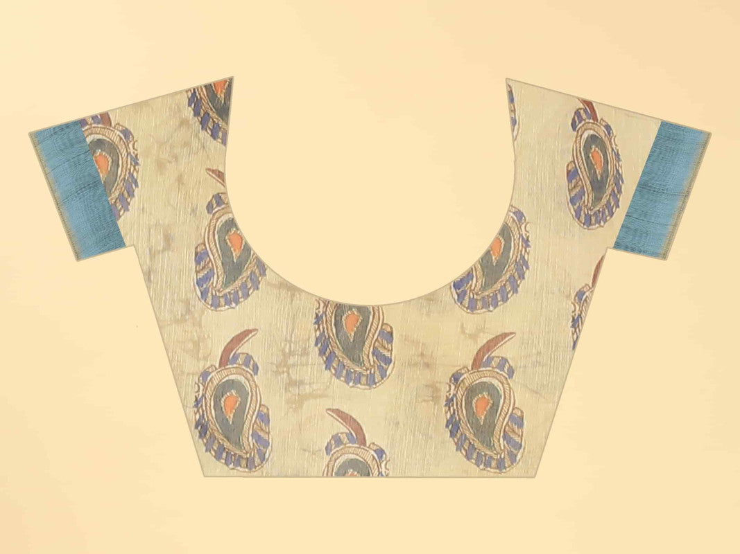 Blue Cotton Blend Printed Kalamkari Saree with Unstitched Blouse - Hiral Fashion