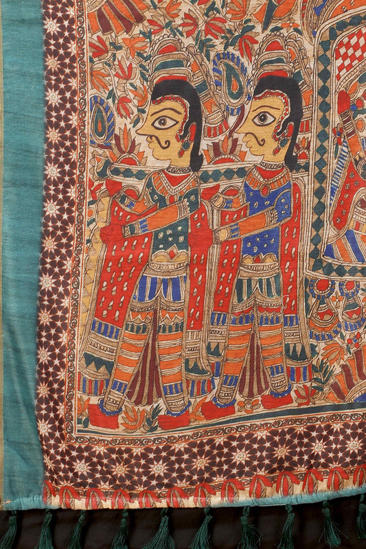 Blue Cotton Blend Printed Kalamkari Saree with Unstitched Blouse - Hiral Fashion