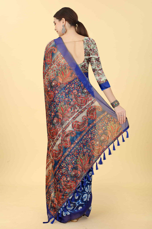 Blue Cotton Blend Printed Kalamkari Saree with Unstitched Blouse - Hiral Fashion