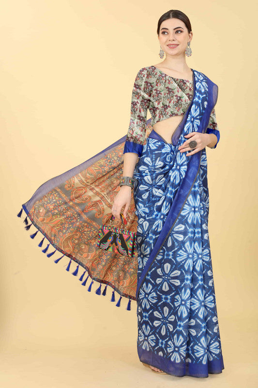 Blue Cotton Blend Printed Kalamkari Saree with Unstitched Blouse - Hiral Fashion
