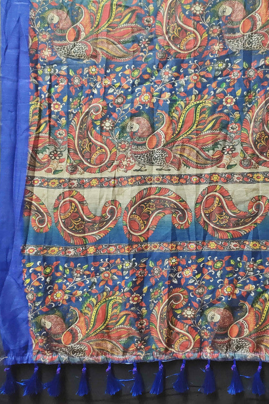 Blue Cotton Blend Printed Kalamkari Saree with Unstitched Blouse - Hiral Fashion