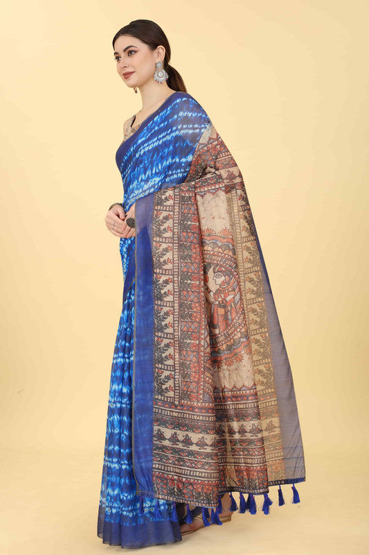Blue Cotton Blend Printed Kalamkari Saree with Unstitched Blouse - Hiral Fashion