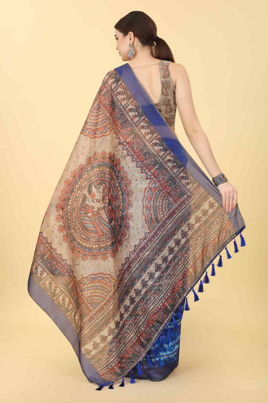 Blue Cotton Blend Printed Kalamkari Saree with Unstitched Blouse - Hiral Fashion