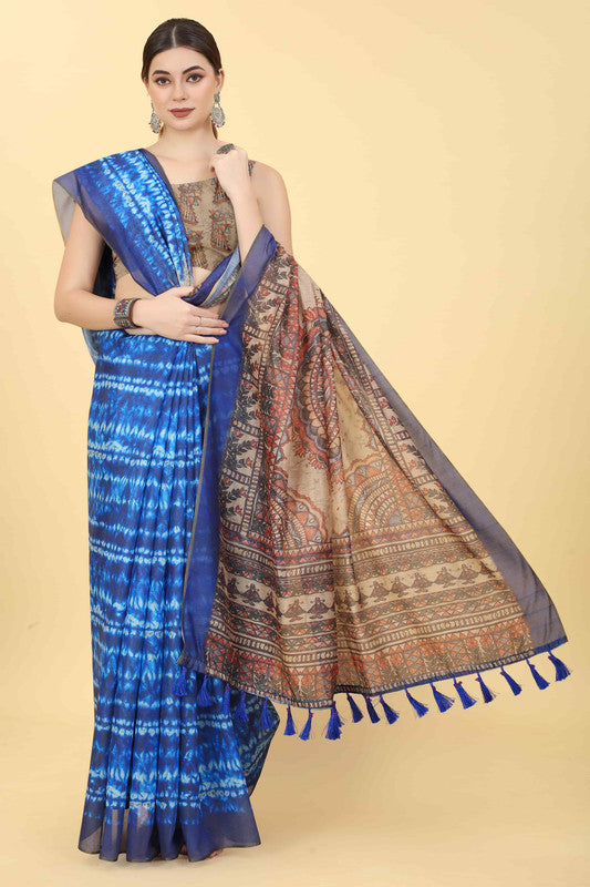Blue Cotton Blend Printed Kalamkari Saree with Unstitched Blouse - Hiral Fashion