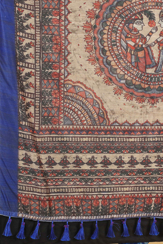 Blue Cotton Blend Printed Kalamkari Saree with Unstitched Blouse - Hiral Fashion