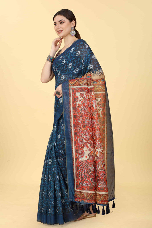 Blue Cotton Blend Printed Kalamkari Saree with Unstitched Blouse - Hiral Fashion