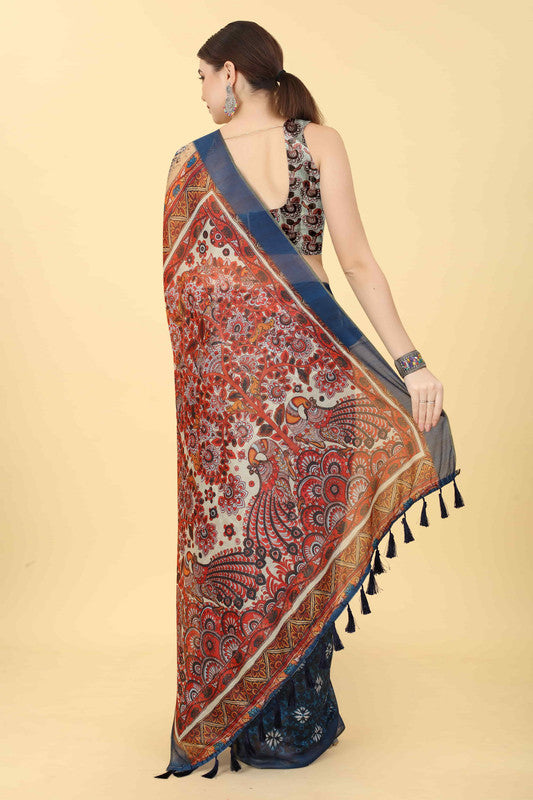 Blue Cotton Blend Printed Kalamkari Saree with Unstitched Blouse - Hiral Fashion