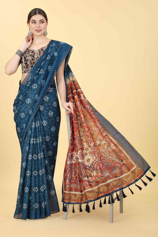 Blue Cotton Blend Printed Kalamkari Saree with Unstitched Blouse - Hiral Fashion