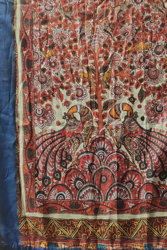 Blue Cotton Blend Printed Kalamkari Saree with Unstitched Blouse - Hiral Fashion