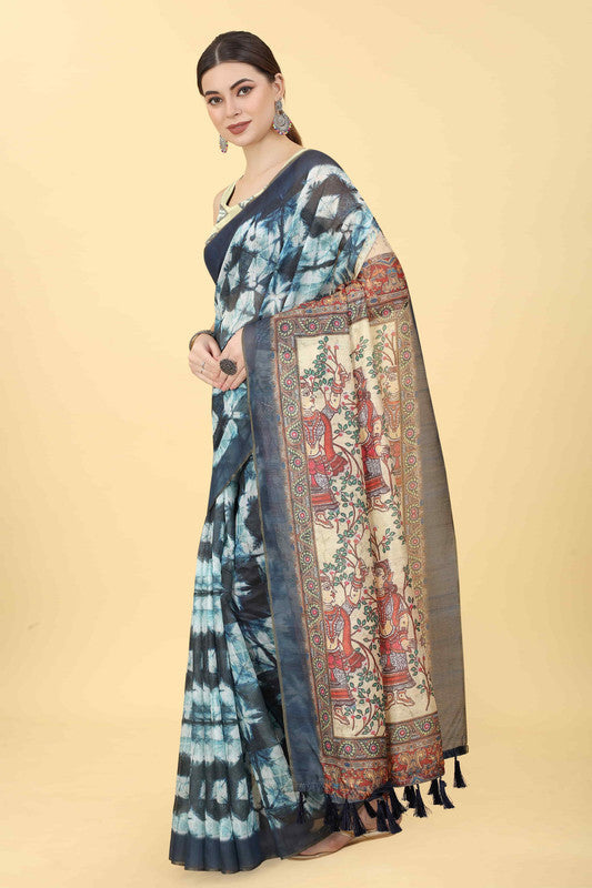 Blue Cotton Blend Printed Kalamkari Saree with Unstitched Blouse - Hiral Fashion