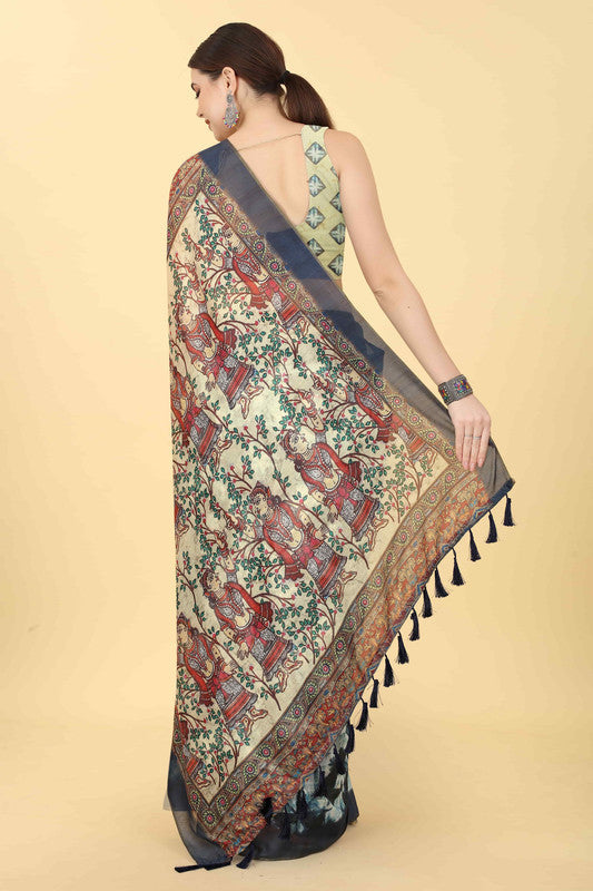 Blue Cotton Blend Printed Kalamkari Saree with Unstitched Blouse - Hiral Fashion
