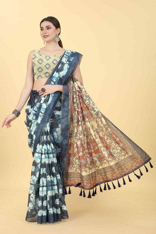 Blue Cotton Blend Printed Kalamkari Saree with Unstitched Blouse - Hiral Fashion