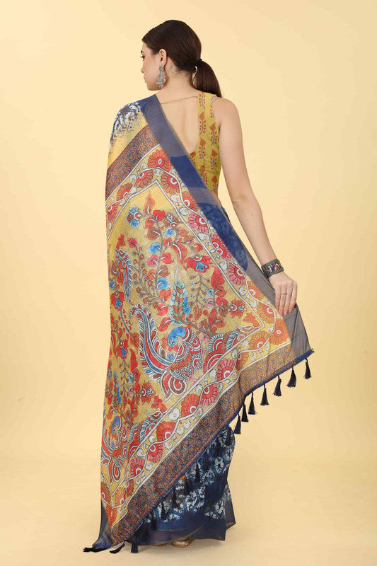 Blue Cotton Blend Printed Kalamkari Saree with Unstitched Blouse - Hiral Fashion