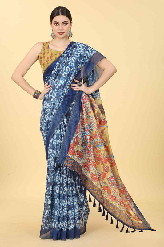 Blue Cotton Blend Printed Kalamkari Saree with Unstitched Blouse - Hiral Fashion