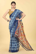 Blue Cotton Blend Printed Kalamkari Saree with Unstitched Blouse - Hiral Fashion