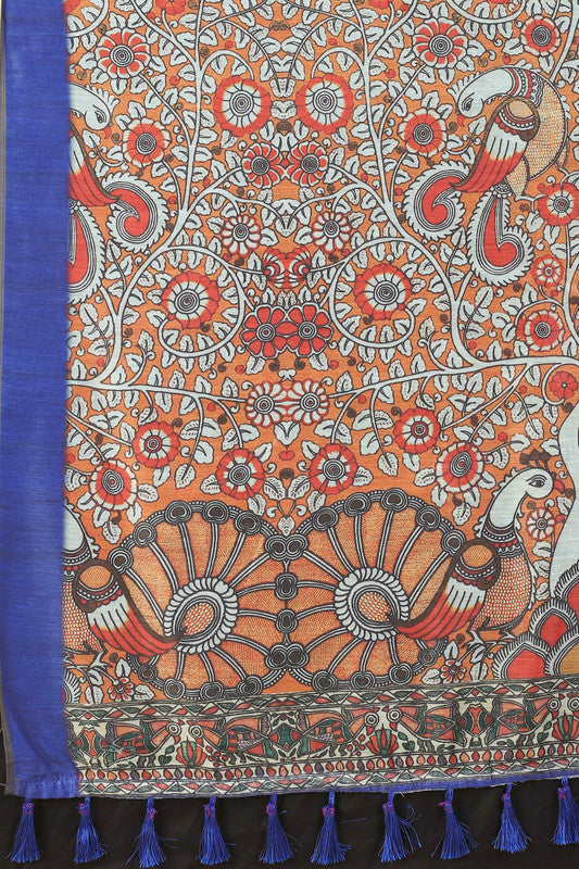 Blue Cotton Blend Printed Kalamkari Saree with Unstitched Blouse - Hiral Fashion