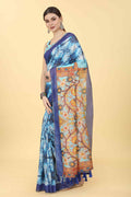 Blue Cotton Blend Printed Kalamkari Saree with Unstitched Blouse - Hiral Fashion