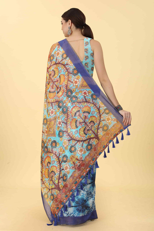 Blue Cotton Blend Printed Kalamkari Saree with Unstitched Blouse - Hiral Fashion