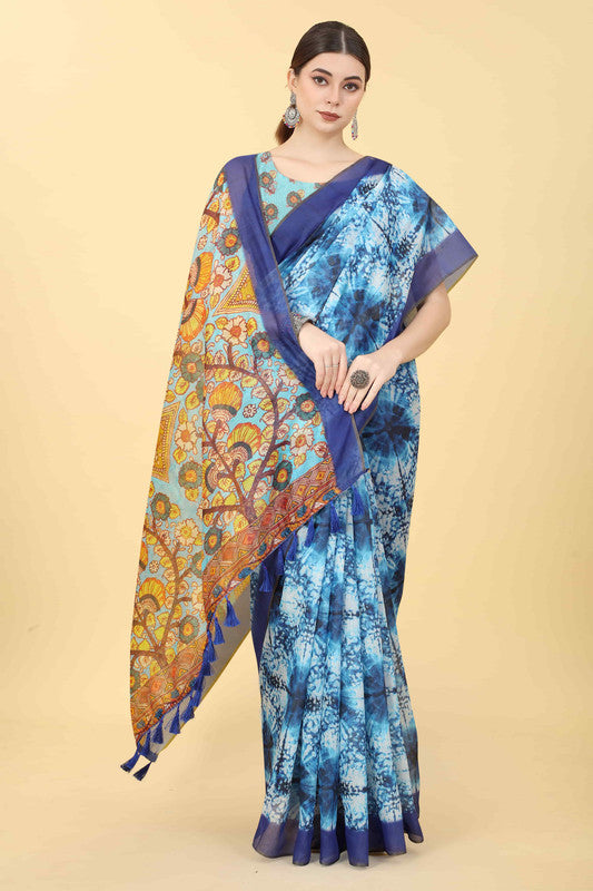 Blue Cotton Blend Printed Kalamkari Saree with Unstitched Blouse - Hiral Fashion