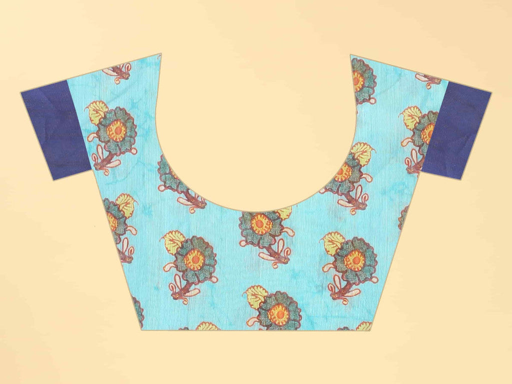 Blue Cotton Blend Printed Kalamkari Saree with Unstitched Blouse - Hiral Fashion