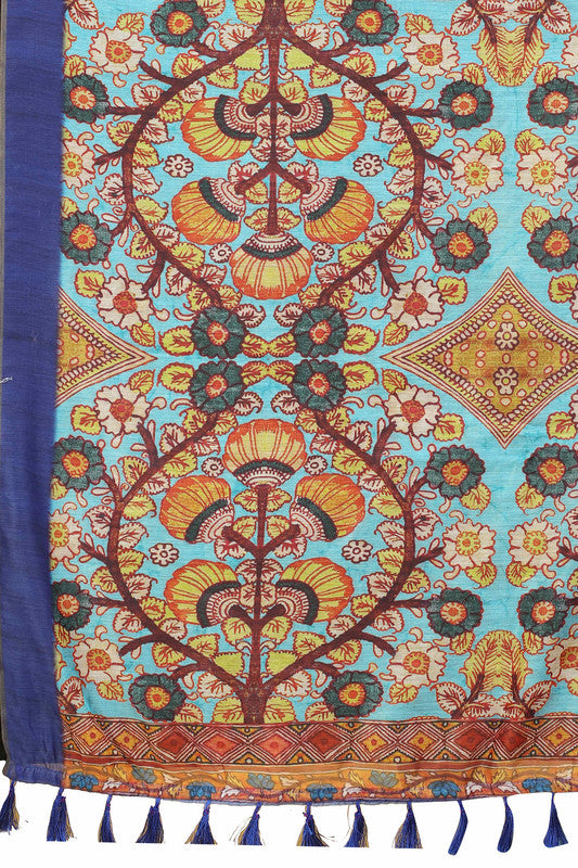 Blue Cotton Blend Printed Kalamkari Saree with Unstitched Blouse - Hiral Fashion