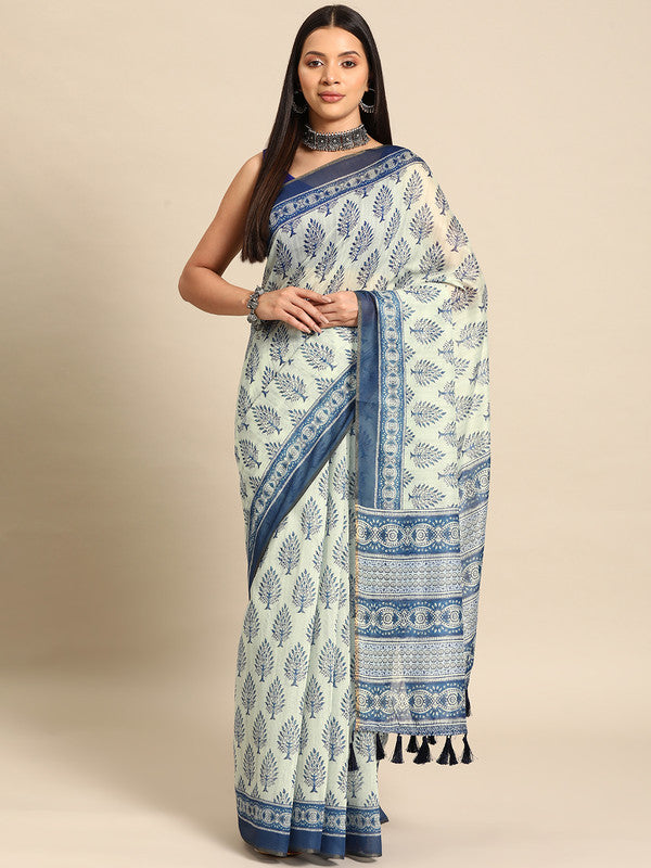 Blue Cotton Blend Printed Dabu Saree with Unstitched Blouse - Hiral Fashion